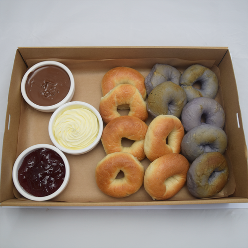 Mini Toasted Bagels with condiments (12 per order)